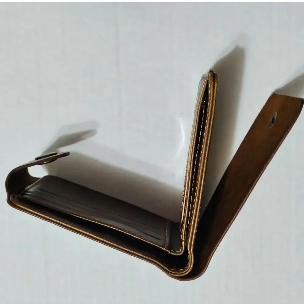 Brown Bifold Leather Wallet Cowboy Etched Front Side Compartmental Snap Closure